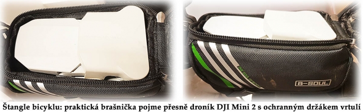 Uložení Dronu DJI Mini 2 do brašničky na cyklistický rám