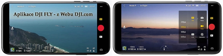 Dvě obrazovky aplikace DJI FLY - z Webu výrobce...