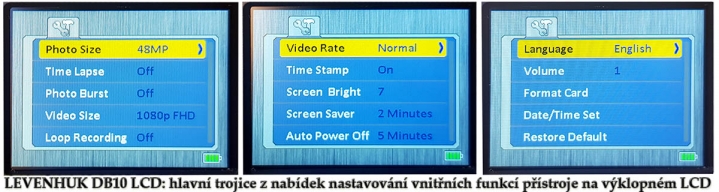 LEVENHUK DB10: trojice z nabídek nastavení v displeji