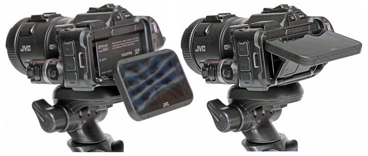 Videokamera JVC GC-PX100: dva detaily pod LCD...