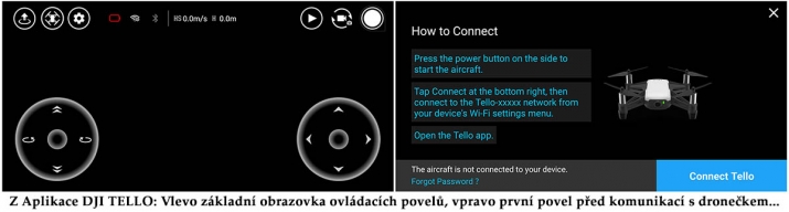 Aplikace DJI TELLO: základní obrazovky s ovládáním...