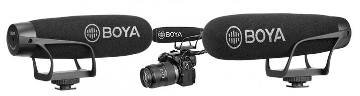 Externí mikrofon BOYA BM2021 ve třech detailech užití