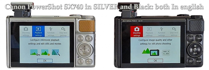 Canon PS-SX740 a dvě barvy zezadu: anglické MENU
