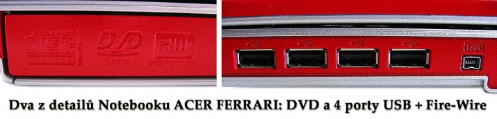 Detaily přípojných zdířek Notebooku Acer Ferrari...