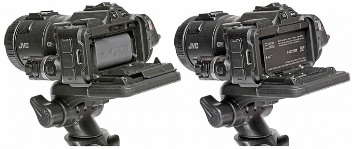 Videokamera JVC GC-PX100: dva detaily pod LCD...