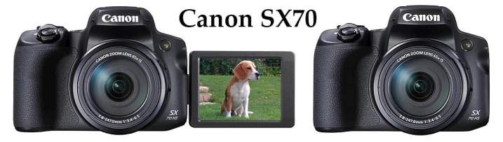 Canon PowerShot SX70 HS zepředu a s vyklopeným LCD